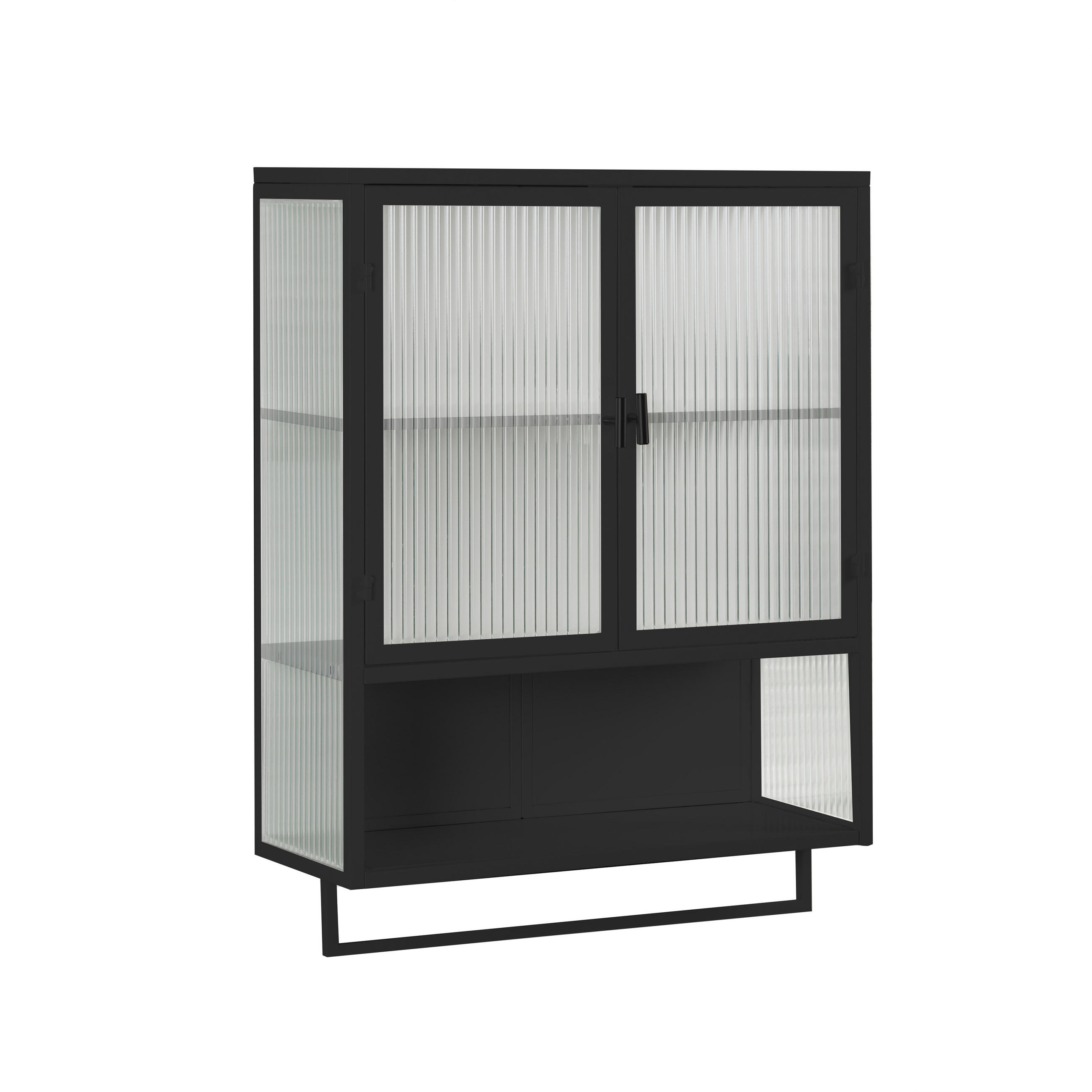 KÜCHENOBERSCHRANK 60x23x78 cm Schwarz aus Glas & Metall mit geriffeltem Glas & offenen Ablagen - Schwarz, Glas (60/78/23cm) - Modfu