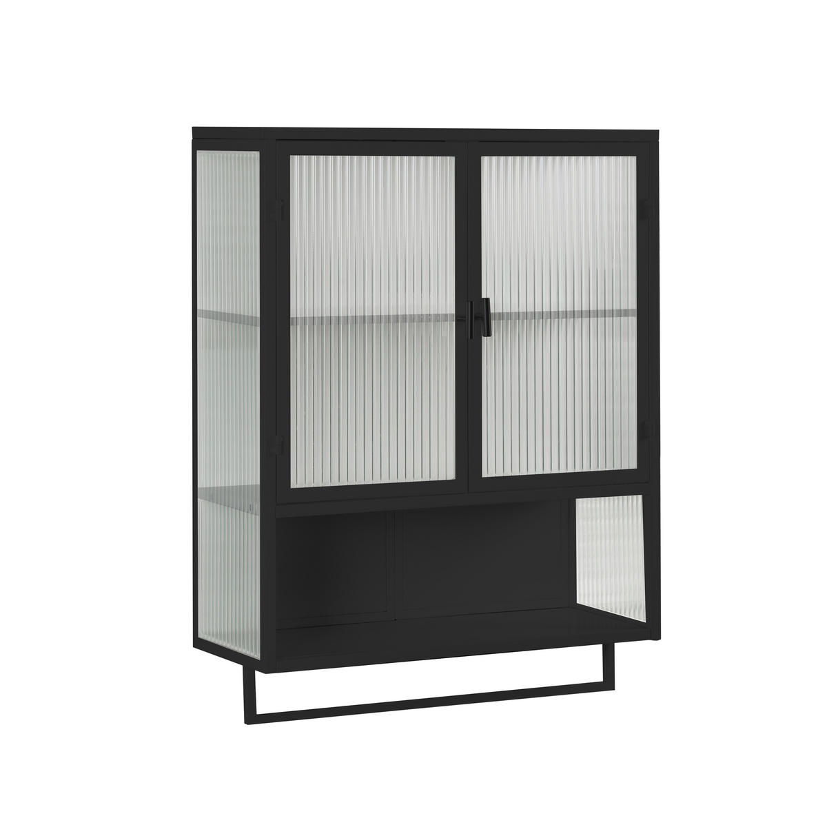 KÜCHENOBERSCHRANK 60x23x78 cm Schwarz aus Glas & Metall mit geriffeltem Glas & offenen Ablagen - Schwarz, Glas (60/78/23cm) - Modfu