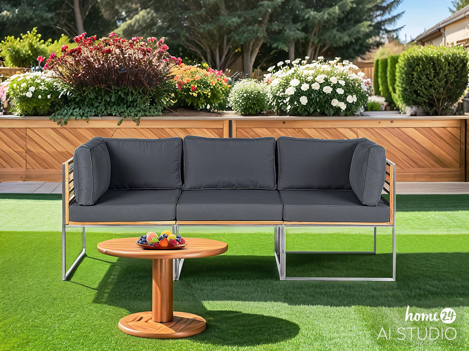 TEAKHOLZ GARTENBANK - 3-teilig - Webstoff / Teak massiv - Grau / Braun - Hellgrau, Holz/Textil (1/1/1cm) - home24