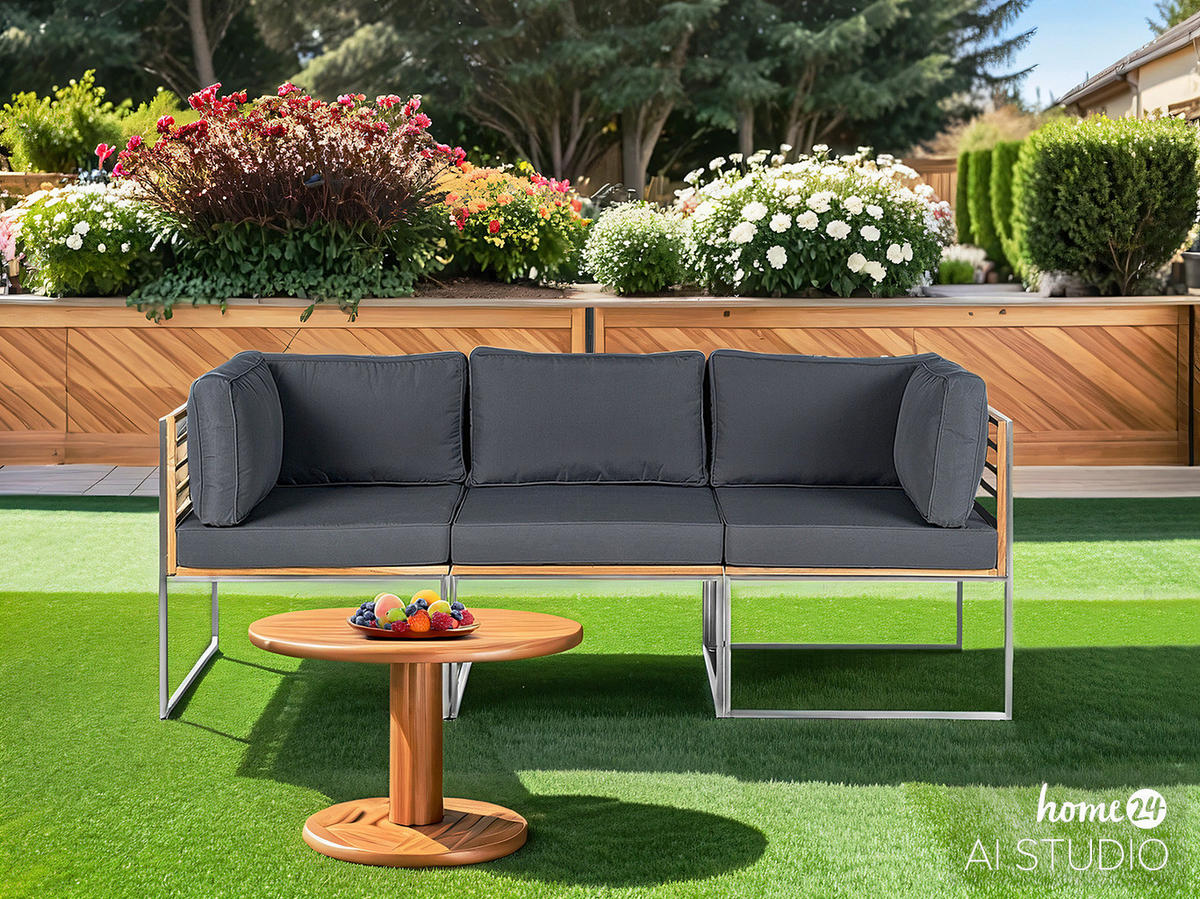 TEAKHOLZ GARTENBANK - 3-teilig - Webstoff / Teak massiv - Grau / Braun - Hellgrau, Holz/Textil (1/1/1cm) - home24