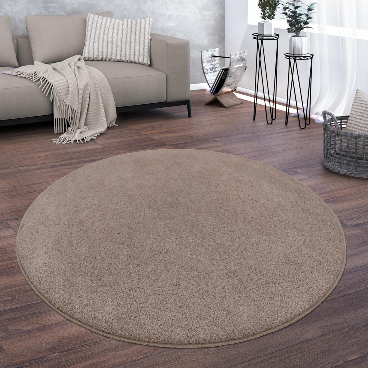 TEPPICH Kurzflor waschbar Unifarben Wohnzimmer schmutzabweisend Taupe Rund 160D - Taupe, Textil (160/160cm) - KADIMA DESIGN