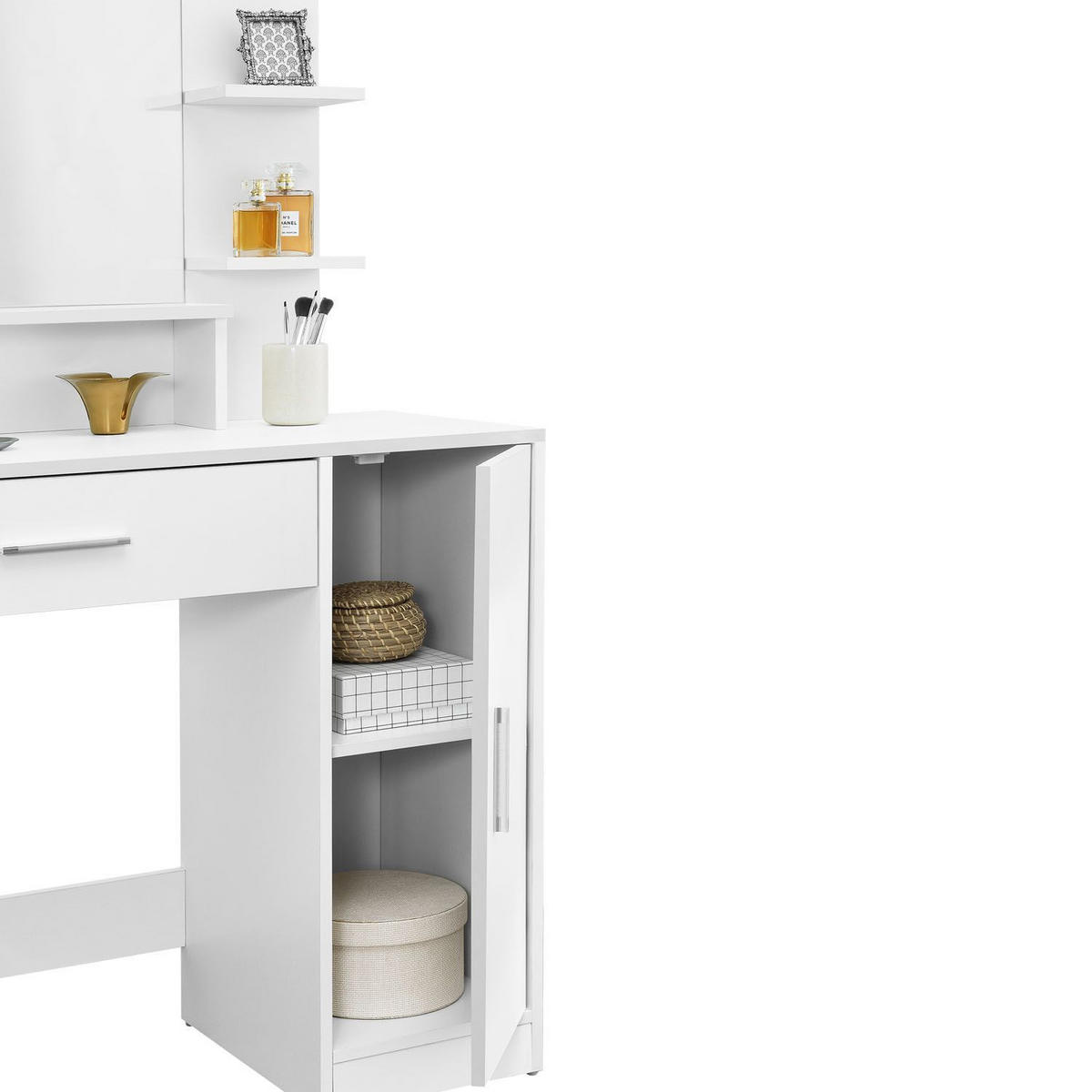 SCHMINKTISCH Zoey mit Schrank und Hocker Melly - Weiß, Holz (38/137/90cm) - Juskys