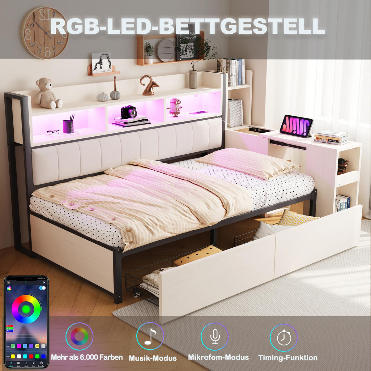 METALLBETT 90/200 cm in Weiß & Natur mit 2 Schubladen, Steckdosen und Schreibtisch - Weiß, Holzwerkstoff/Metall (90/200cm) - WISHDOR