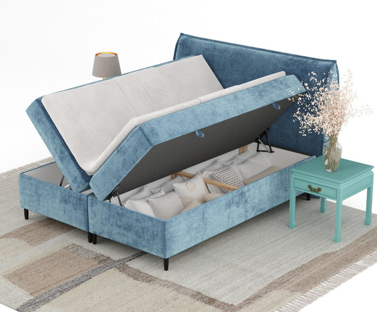 BOXBETT 180/200 cm Corvus, in Blau, Matratze, Topper, Bettkasten, H4 = sehr fest - Blau/Schwarz, Holz/Holzwerkstoff (180/200cm) - Maison de Reve