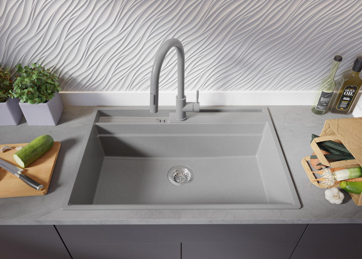 GRANITSPÜLE Oslo Pocket, 2-er set Grau 78/53 cm 1 Becken + Küchenarmatur 32/20 cm + Ablauf-Set + Küchenzubehörset ab 80er Unterschrank - Chromfarben/Beige, Kunststoff (78/20/53cm) - Primagran