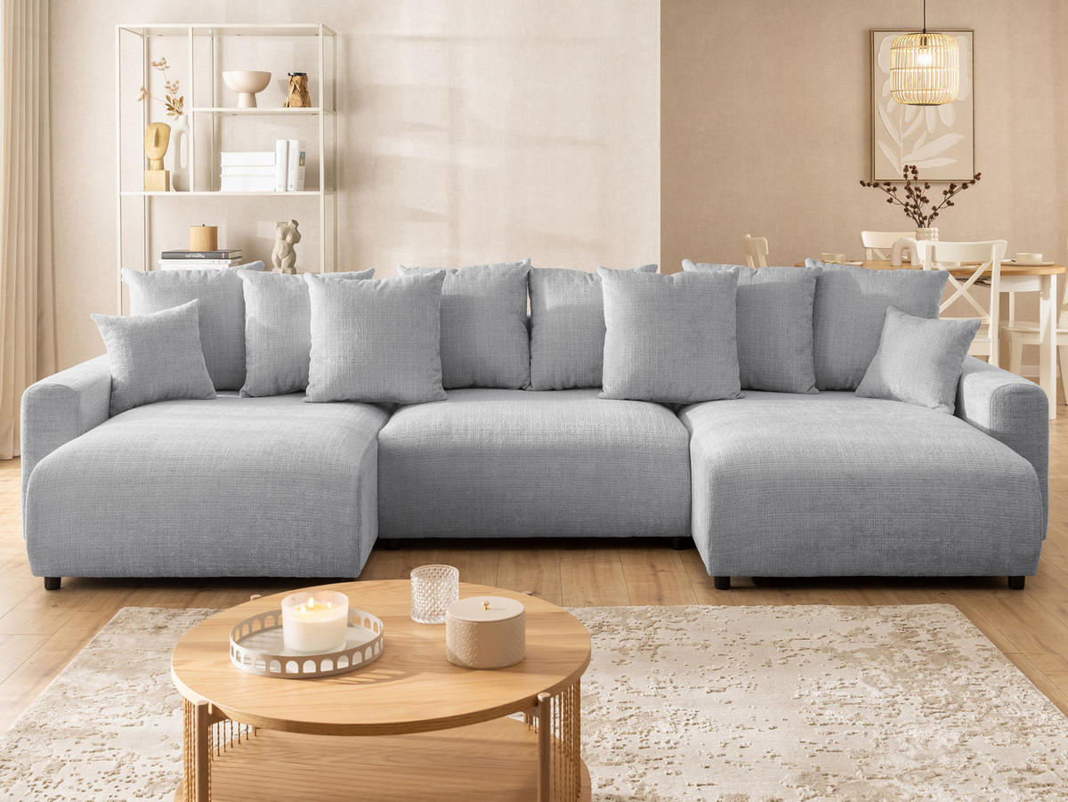 WOHNLANDSCHAFT Calma mit Schlaffunktion und Bettkasten im Bumpy-Design aus weichem Hellgrau Chenille-Stoff - Hellgrau/Schwarz, Holz/Kunststoff (336/88/140cm) - S-Style Möbel