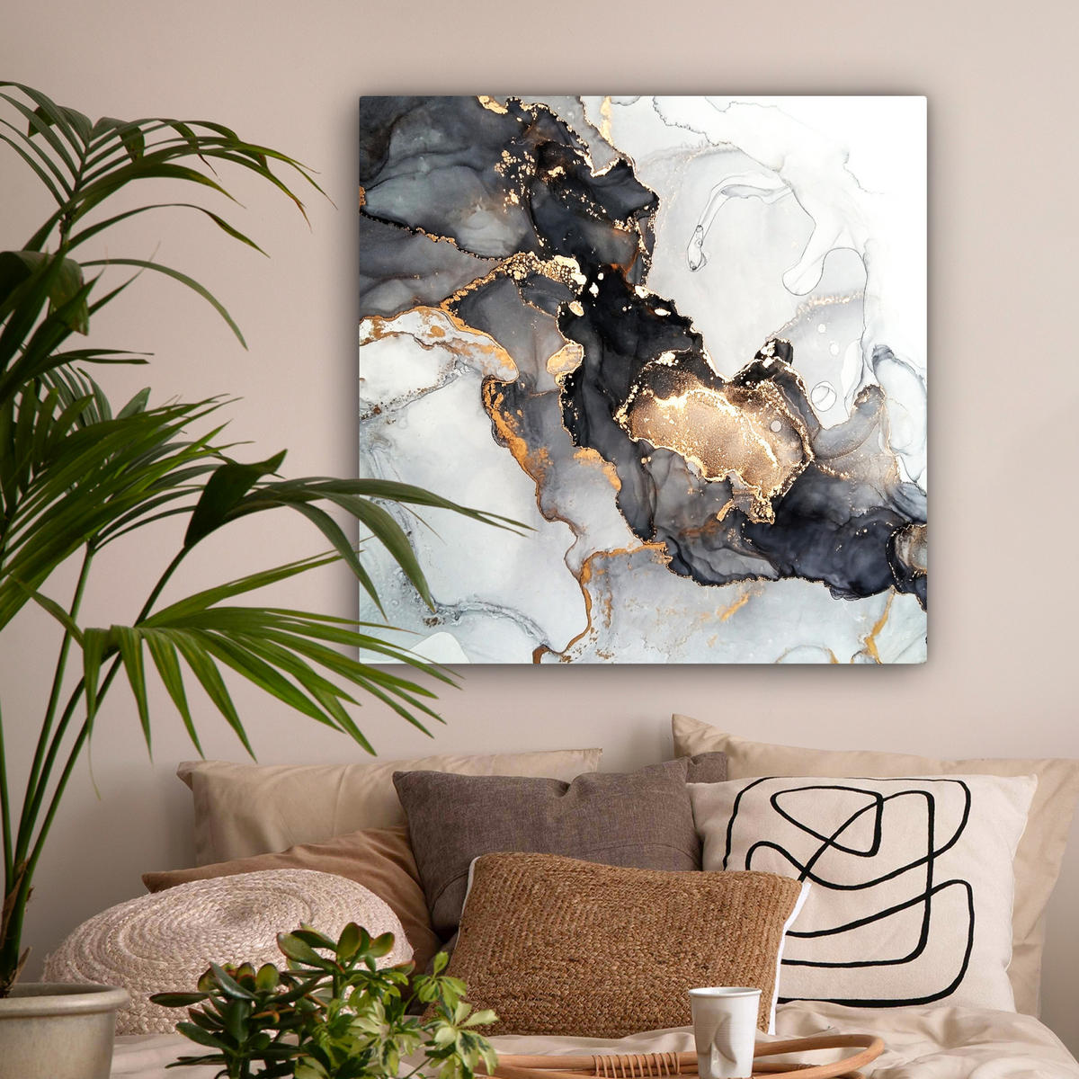 LEINWANDBILD Marmor - Schwarz - Weiß - Gold - Luxus - Abstrakt 90x90 cm - Goldfarben, Textil (90/90cm) - MuchoWow