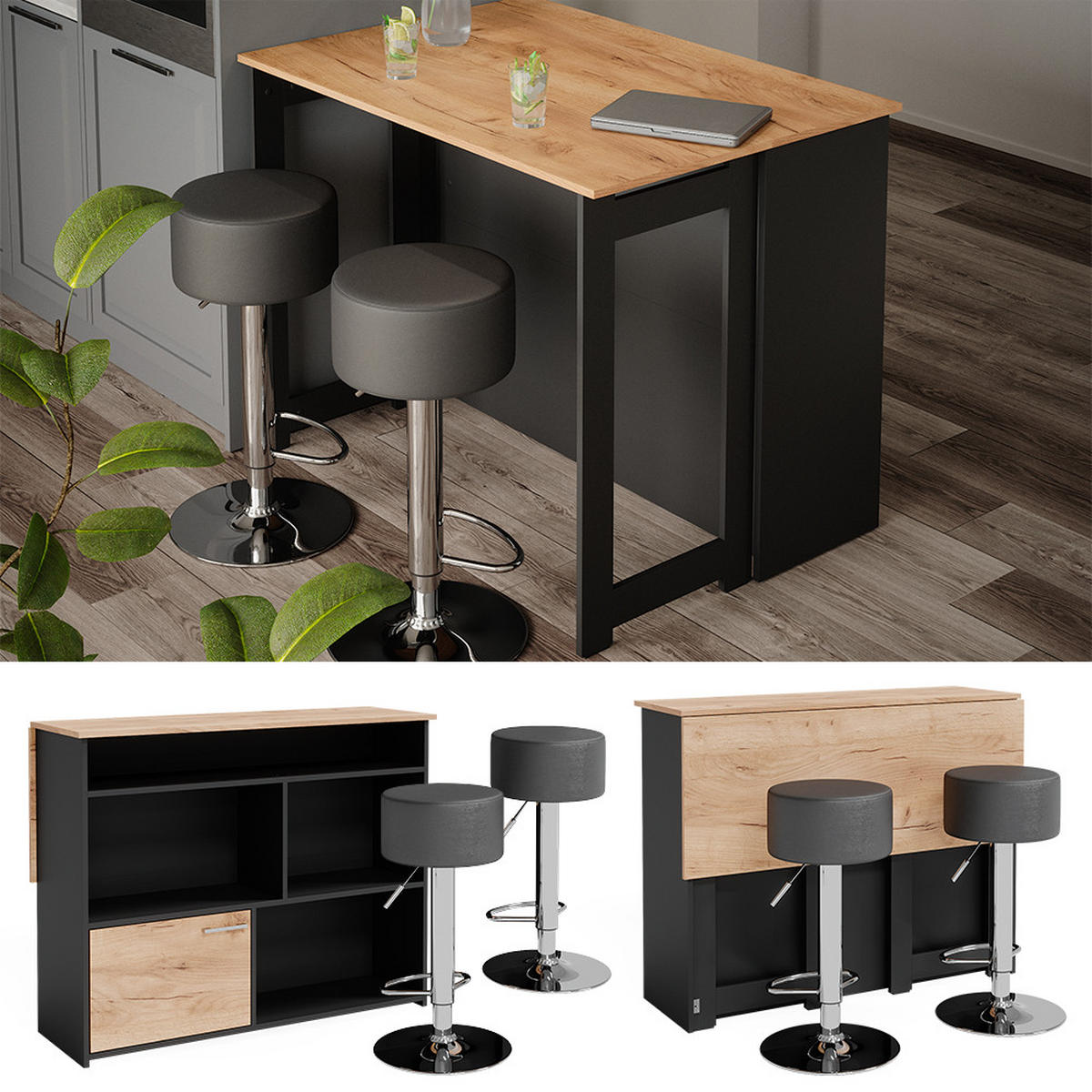 BARTISCH-SET Dominic Goldkraft Eiche/Anthrazit 116 x 37 cm mit 2 Barhockern - Honigeiche/Anthrazit, Holzwerkstoff (116/90.5/37cm) - Vicco