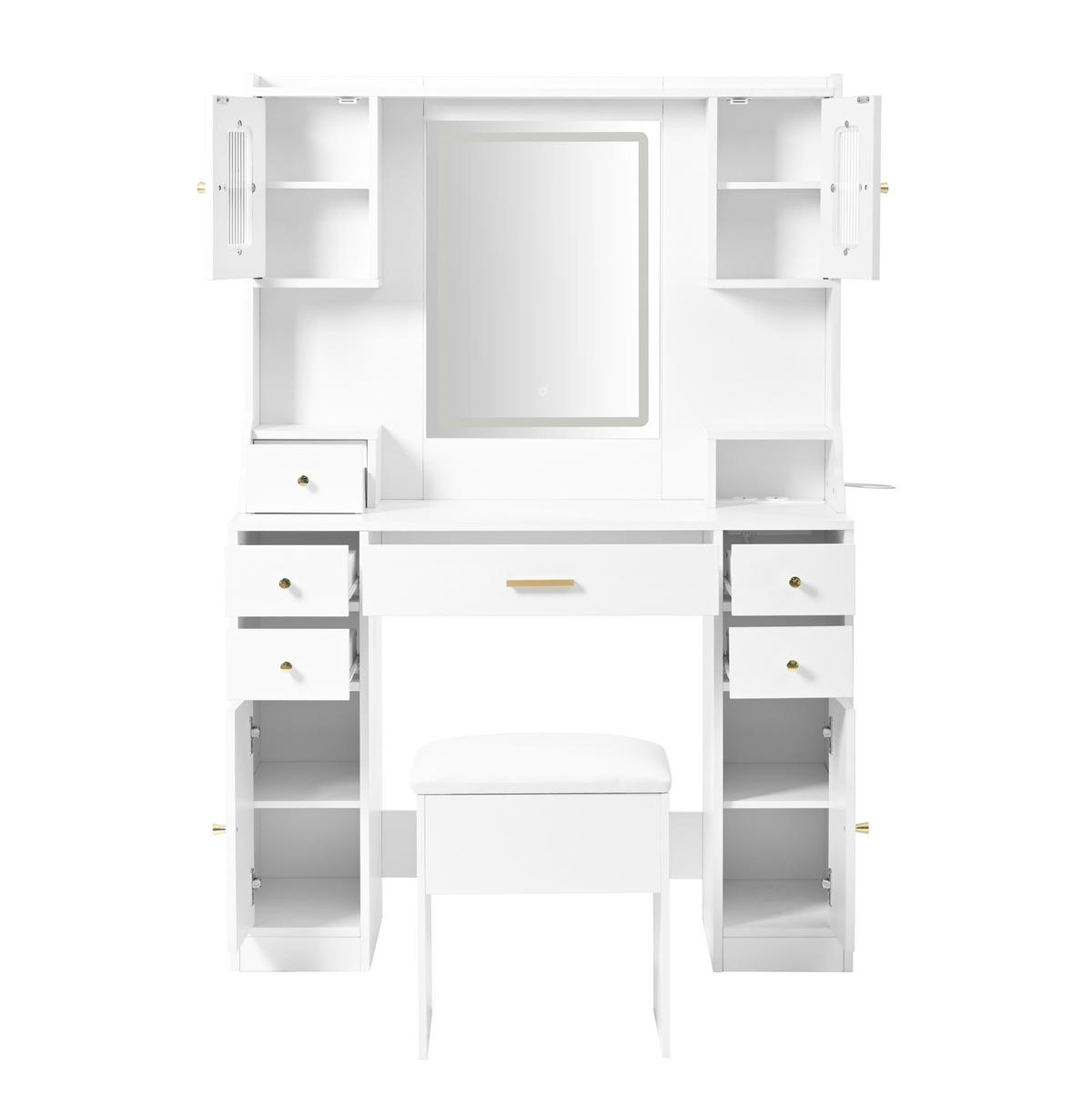 SCHMINKTISCH 105/40/152 cm mit HD-Spiegel, LED-Beleuchtung, Steckdosenleiste und Stauraum aus Spanplatte, Weiß - Weiß, Holzwerkstoff (105/152/40cm) - Redom