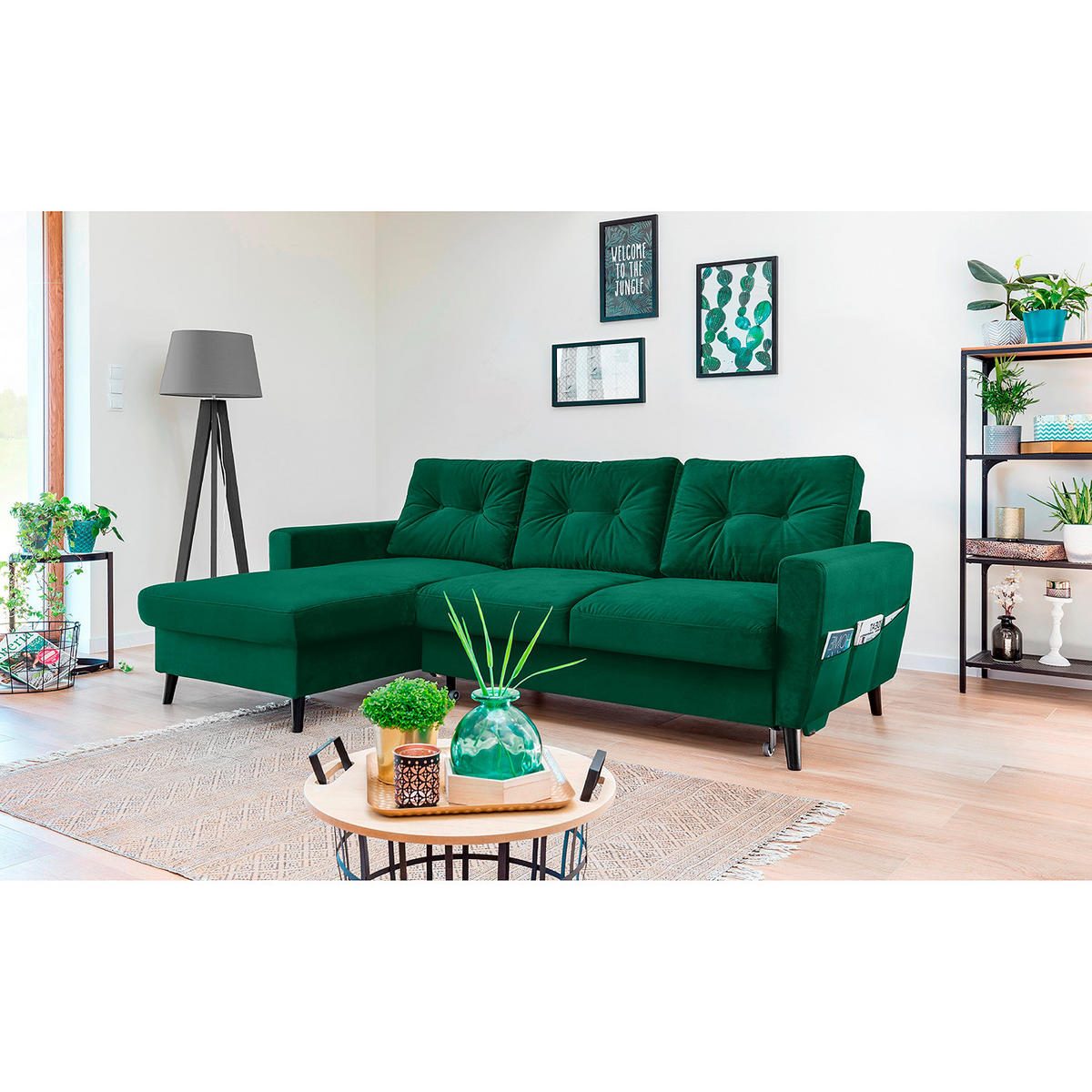 ECKSOFA mit Longchair - Smaragdgrün/Schwarz, Textil (233/148cm) - home24
