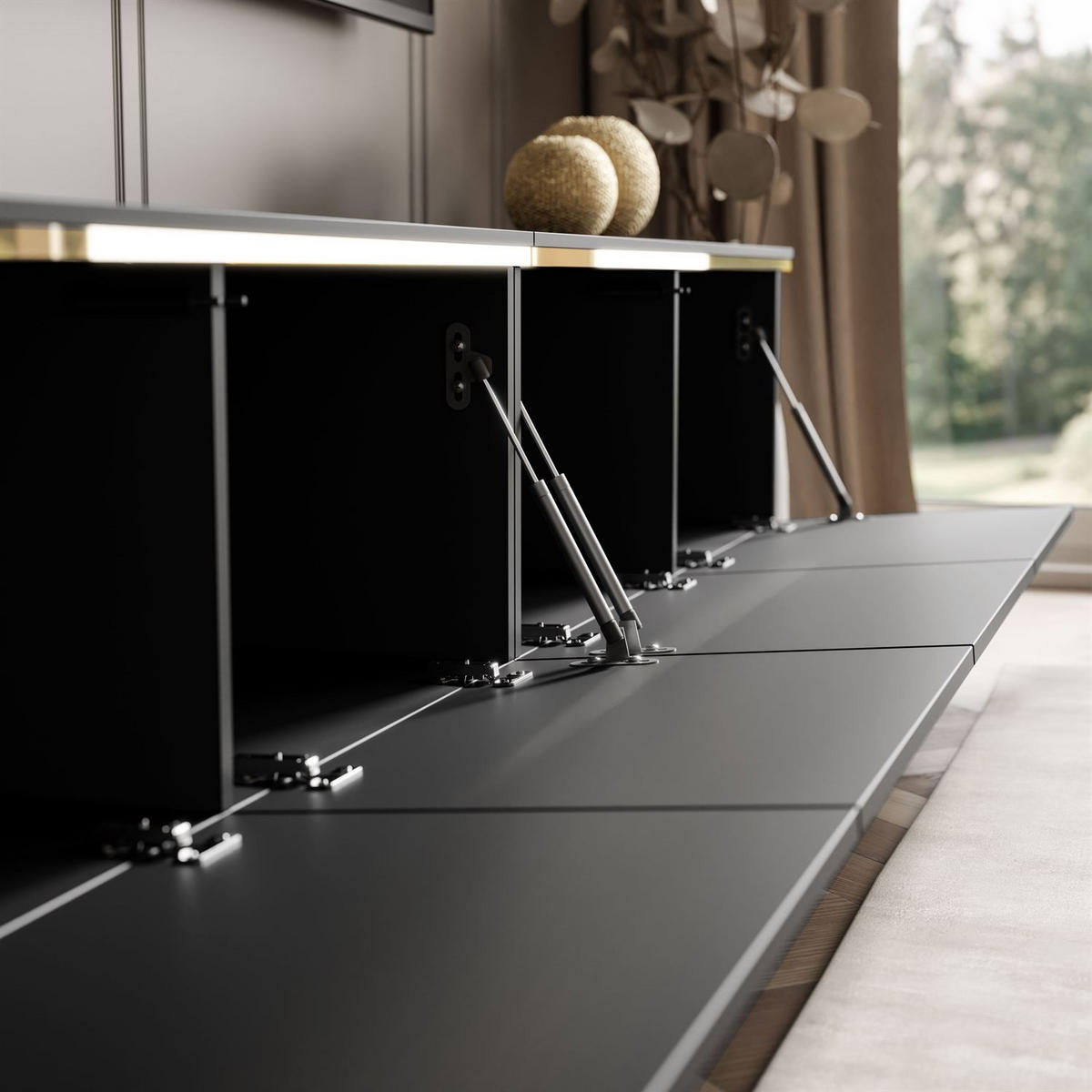 TV-SCHRANK CELINE 200 cm schwarz matt auf gerade goldenen Füßen - Schwarz, Holzwerkstoff (200/49/40cm) - Lookway