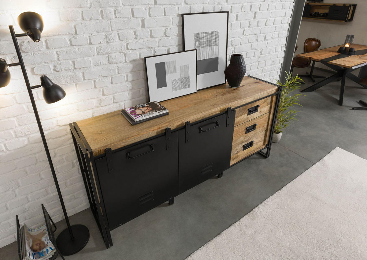 SIDEBOARD Mango 195x45x90 natur klar lackiert / Metall schwarz BLACKBURN #107 - Braun, Holz (195/90/45cm) - Massivmoebel24