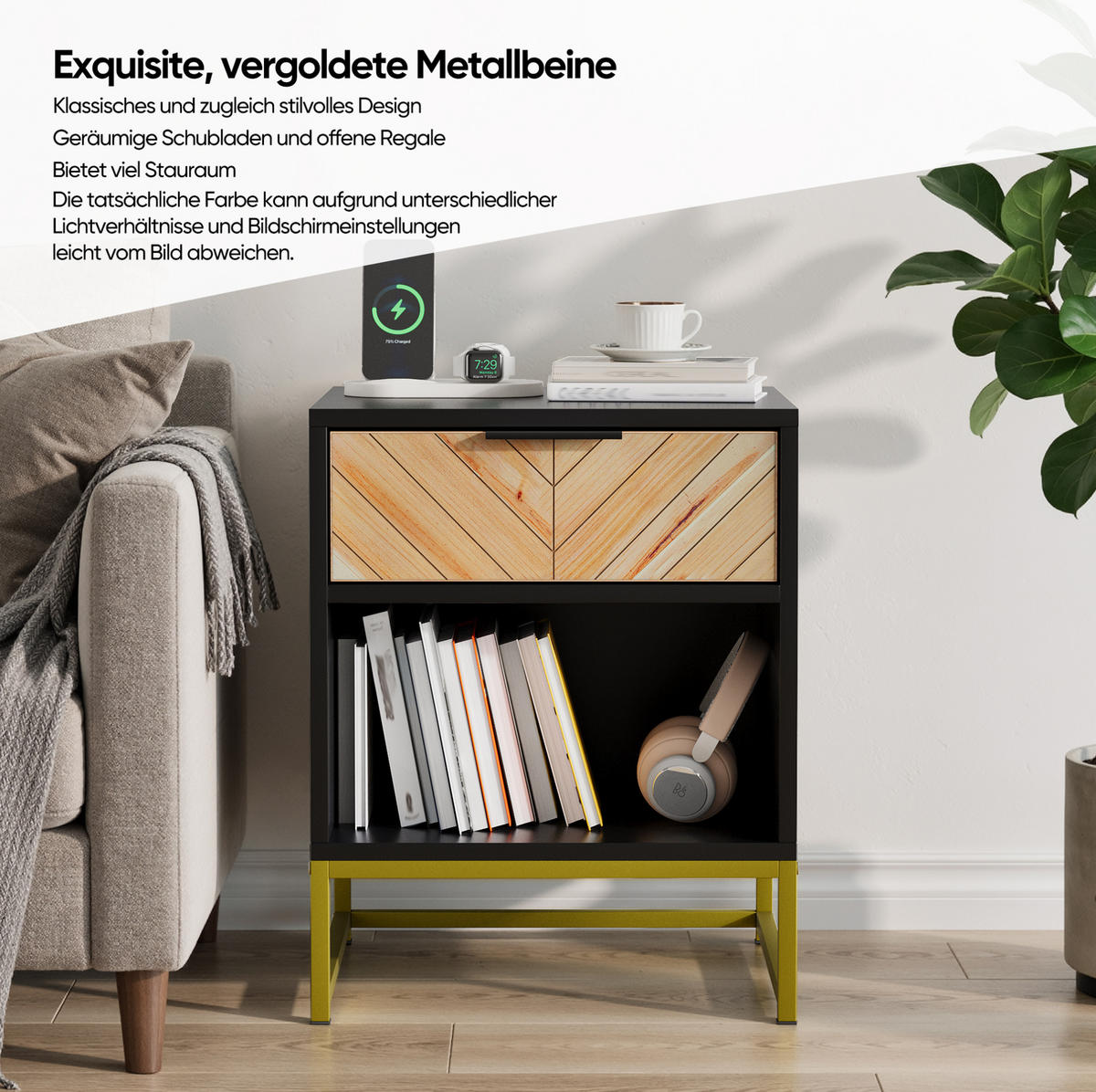 NACHTTISCH 43/55/40 cm Schwarz/Natur aus MDF mit Schublade - Hellbraun, Holzwerkstoff (43/55/40cm) - OKMYHOME