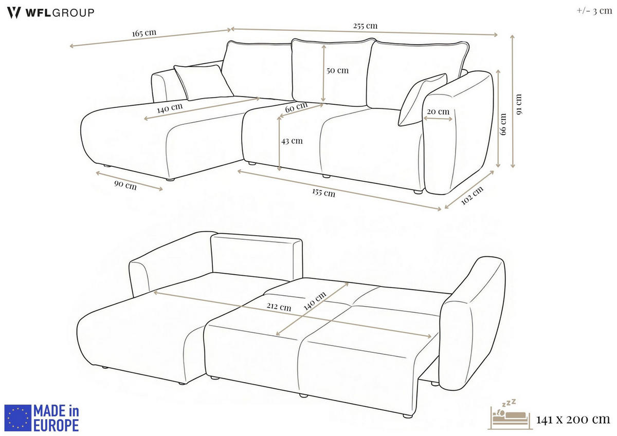 ECKSOFA Fabio mit Bettkasten, Strukturiert Grau 255/165/91 cm - Schwarz/Grau, Textil (165/255cm) - WFL GROUP