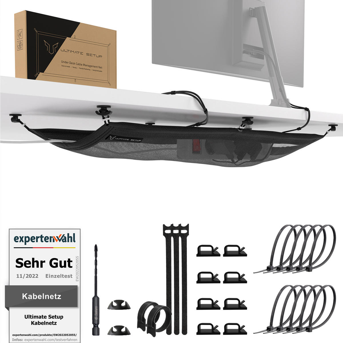 KABELMANAGEMENT Netz für den Schreibtisch, schwarz - Schwarz, Kunststoff (24/63.5/0.25cm) - Ultimate Setup
