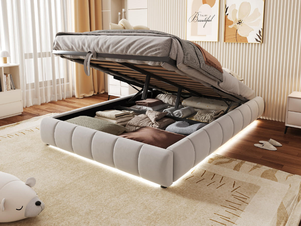 POLSTERBETT 140/200 cm in Beige mit Bettkasten und LED - Beige, Holzwerkstoff/Textil (140/200cm) - CHICFURN