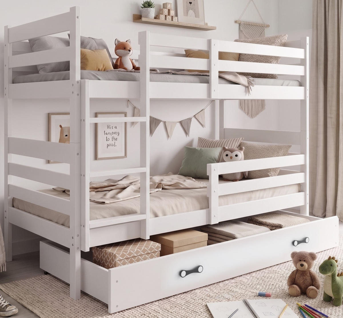 ETAGENBETT ERYK 90/190 cm, weiß, aus massivem Kiefernholz, mit Schublade, ohne Matratzen - Weiß, Holz - Interbeds