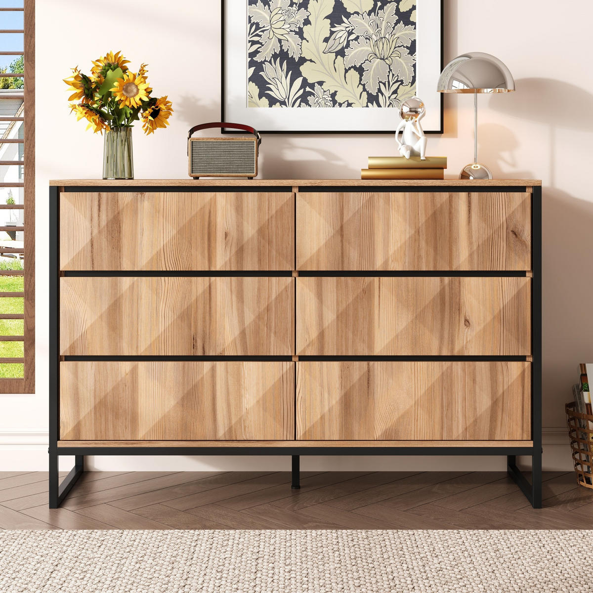 SIDEBOARD 120/40/80 cm in Schwarz/Natur mit 6 Schubladen und Metallgestell - Naturfarben, Holzwerkstoff (120/80/40cm) - Flora Grace