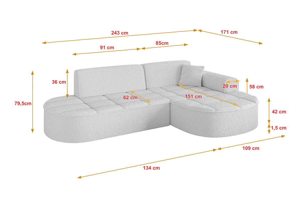 ECKSOFA Ottomane Rechts TARO-L1 - 243x171x79,5 cm Weiß - Weiß, Holzwerkstoff/Textil (243/171cm) - ALTDECOR