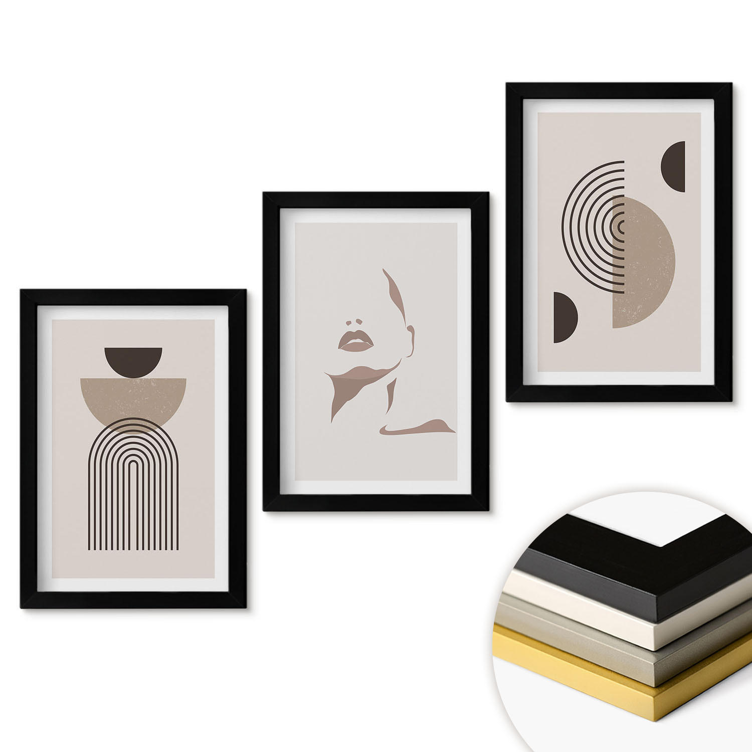 WANDBILDER 3er-Set - 20x30 cm Schwarzer Rahmen - Abstrakte Formen und Gesicht - Schwarz, Kunststoff (20/30cm) - ArtPrintCave