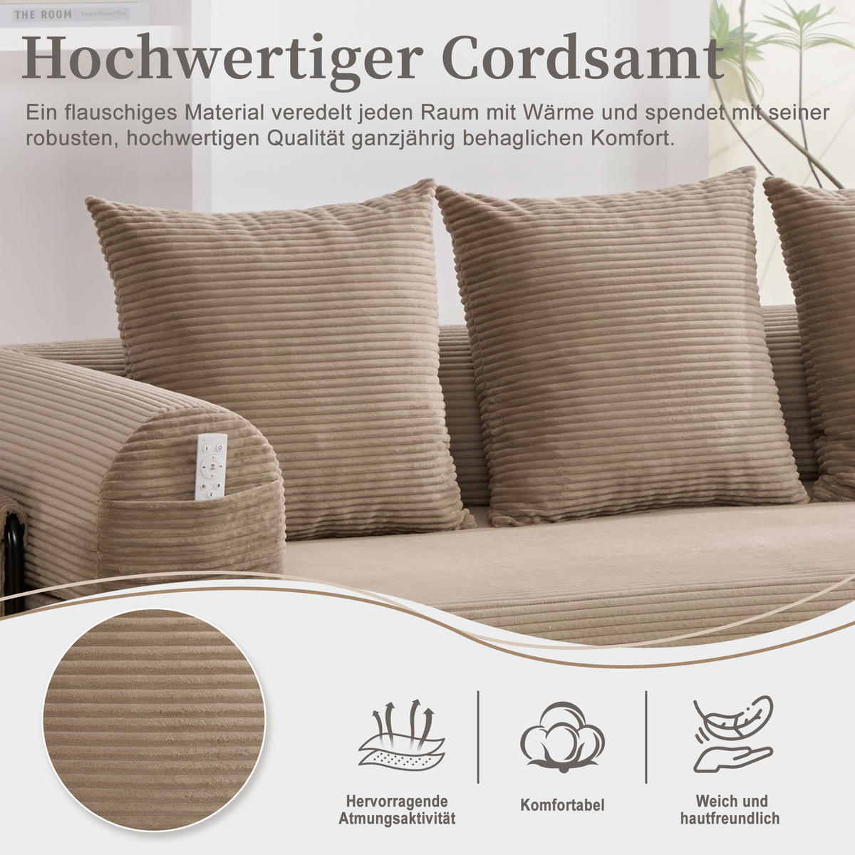 SCHLAFSOFA 200/94/67 cm khaki mit Seitentaschen plus und 3 Kissen - Sandfarben, Textil (200/67/94cm) - Oxeza