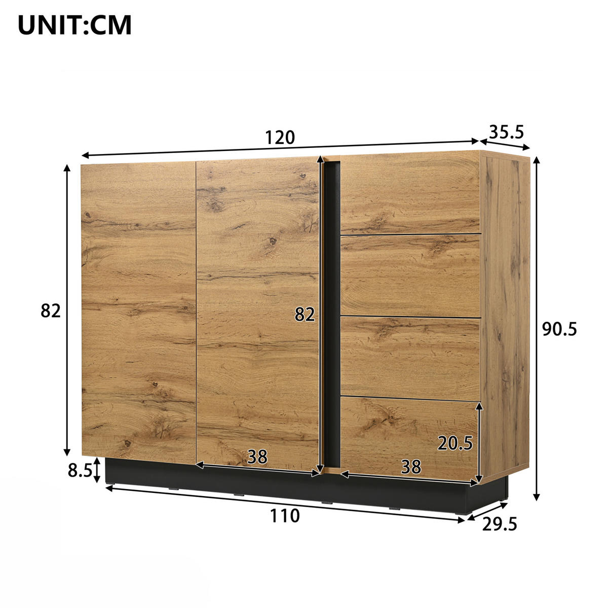 SIDEBOARD 120/35,5/90,5 cm aus Spanplatte mit 4 Schubladen und 2 Türen Schwarz/Natur - Naturfarben, Holzwerkstoff (120/90.5/35.5cm) - Modenvie
