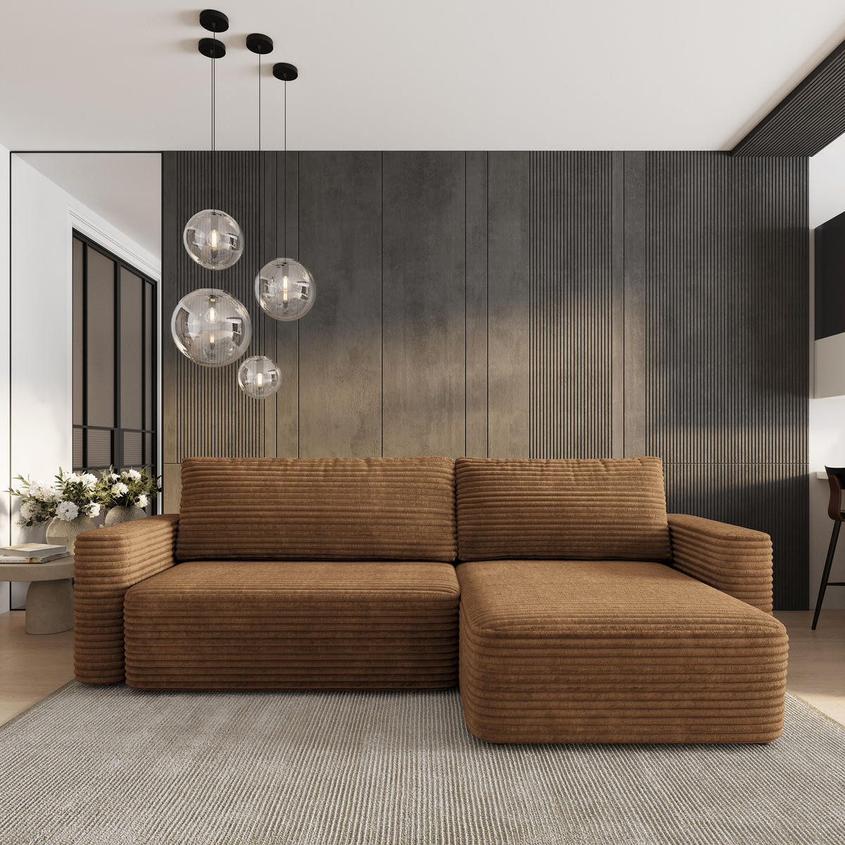 ECKSOFA TELIN Orange Kordstoff mit Schlaffunktion - Orange, Holz (280/162cm) - MASSENO