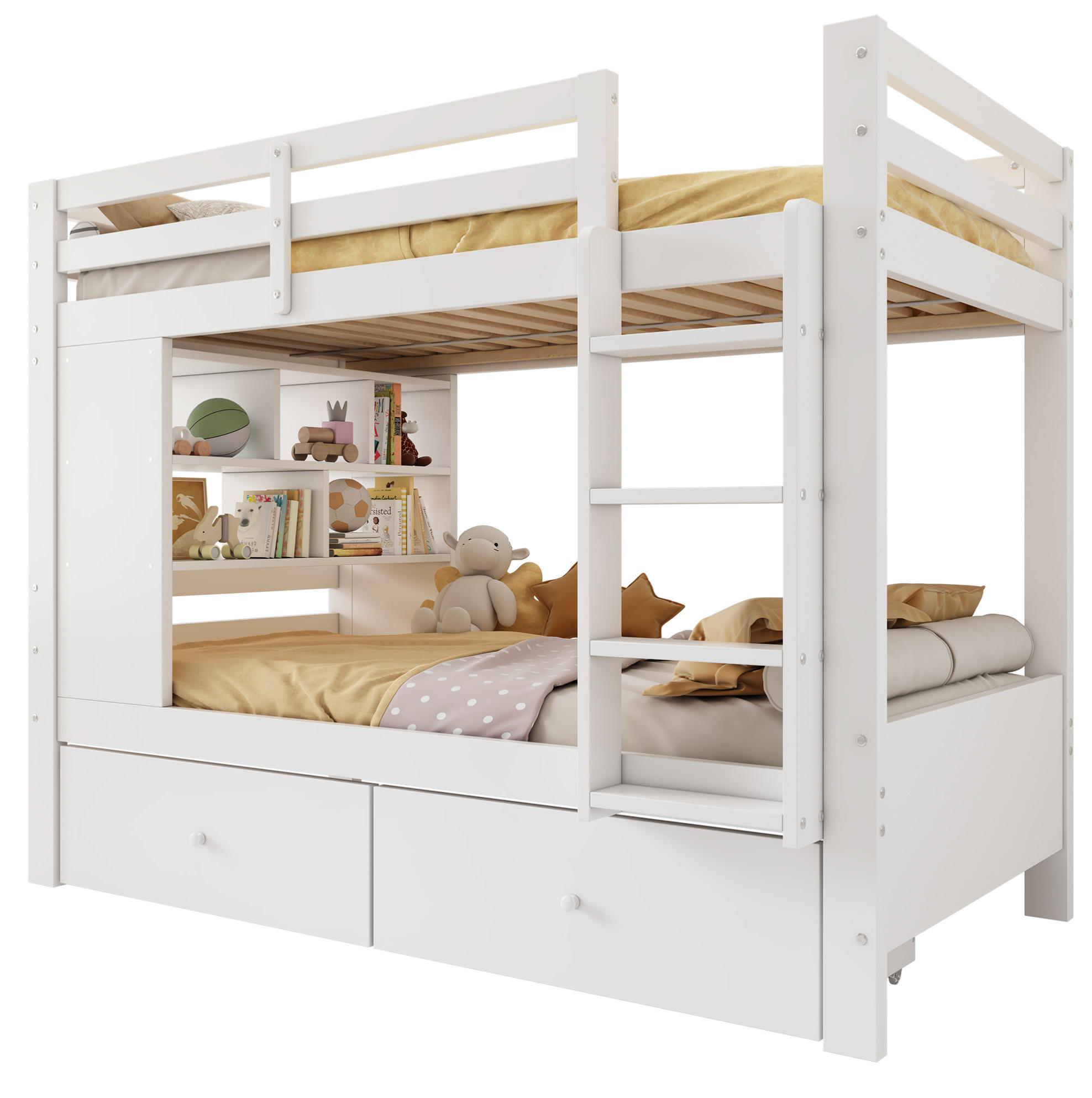 ETAGENBETT aus Holz 90x200 cm Weiß mit 2 Schubladen, offenem Regal, Leiter und Schutzgeländer - Weiß, Holz (90/200cm) - Modfu