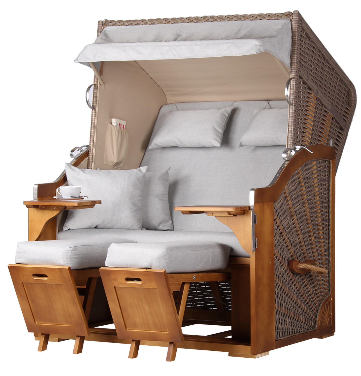 STRANDKORB Komplettset - Schleswig Pinie - PE mokka - Modell 563 - Hellgrau, Holz (120/160/80cm) - bene living