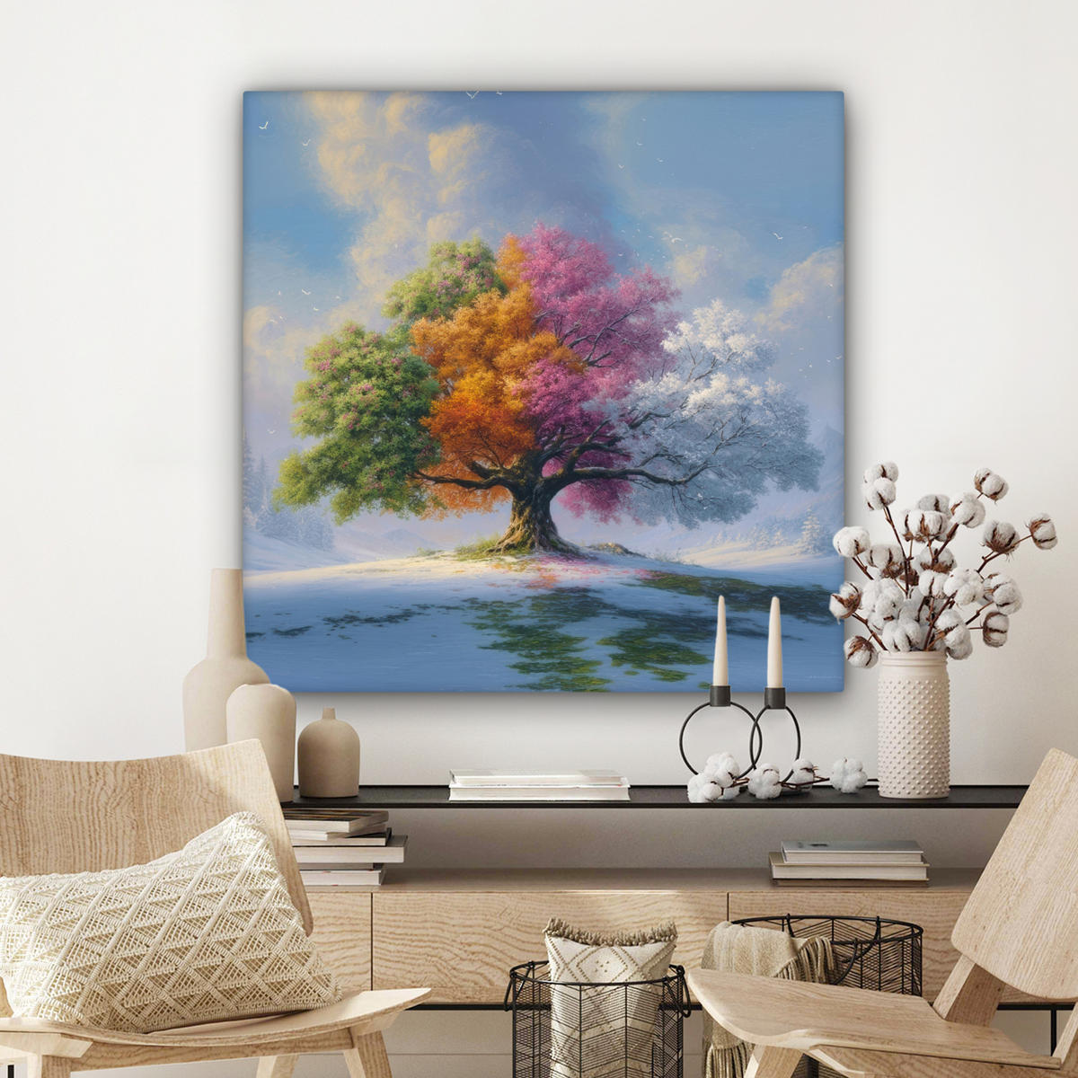 LEINWANDBILD Baum - Jahreszeiten - Winter - Landschaft Deko Groß 90x90 cm - Multicolor, Textil (90/90cm) - MuchoWow