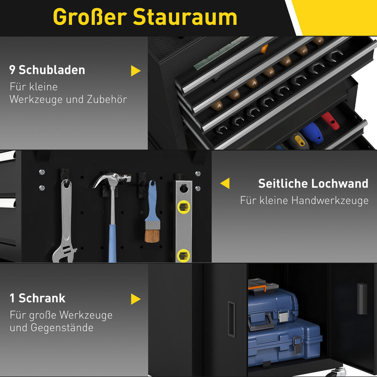 WERKZEUGKISTE 3-IN-1 DE-10558 9 Schubladen mit Rollen Schwarz - Schwarz, Metall (33/133/69.5cm) - ComfortXL