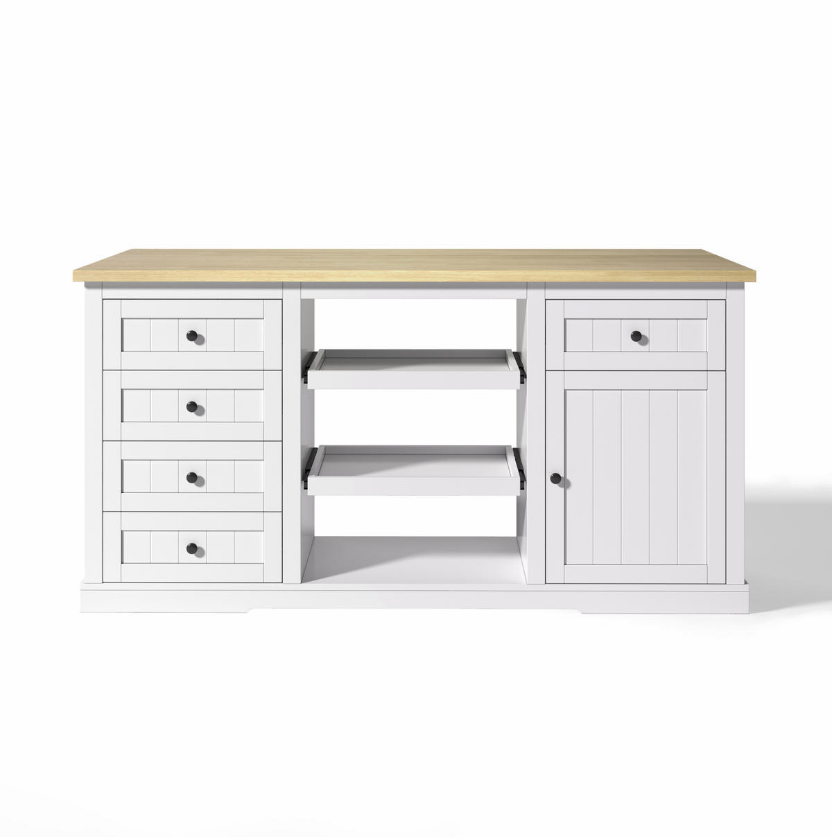 SIDEBOARD mit 5 Schubladen, 2 Ausziehböden und klappbarer Erweiterungsplatte, integrierte Steckdosen, 150/65/75 cm, Weiß und Natur - Weiß, Holzwerkstoff (150/75/65cm) - Redom