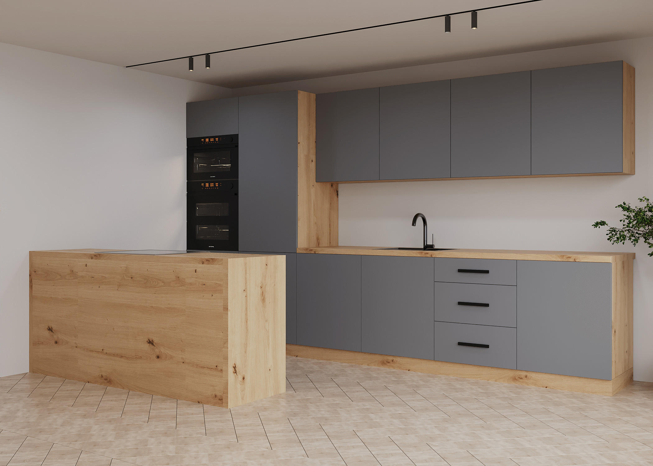 KÜCHENZEILE 360 cm - Langen K104-M360 - in Beige / Matt - Beige/Schwarz, Holz/Holzwerkstoff (360/212/60cm)