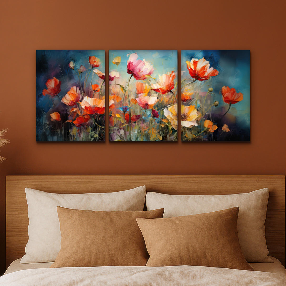 LEINWANDBILD 3er Set Blumen - Bunt - Abstrakt 90x40 cm - Blaugrau, Textil (90/40cm) - MuchoWow