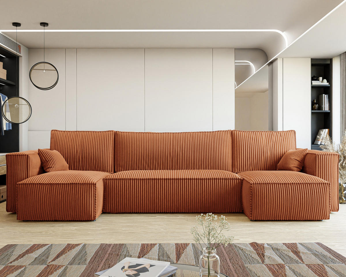 ECKSOFA mit Schlaffunktion und Bettkasten, Ziegelrot - Orange, Holzwerkstoff/Textil (312/145cm) - Idohome