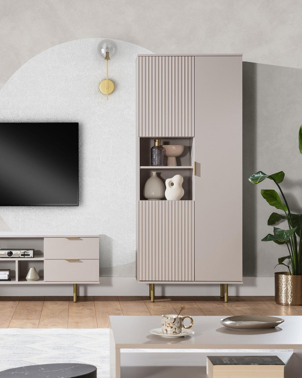 BÜCHERREGAL Nubia 3-türig Kaschmir - Kaschmir/Goldfarben, Holzwerkstoff/Metall (80/190/41cm) - Ravio