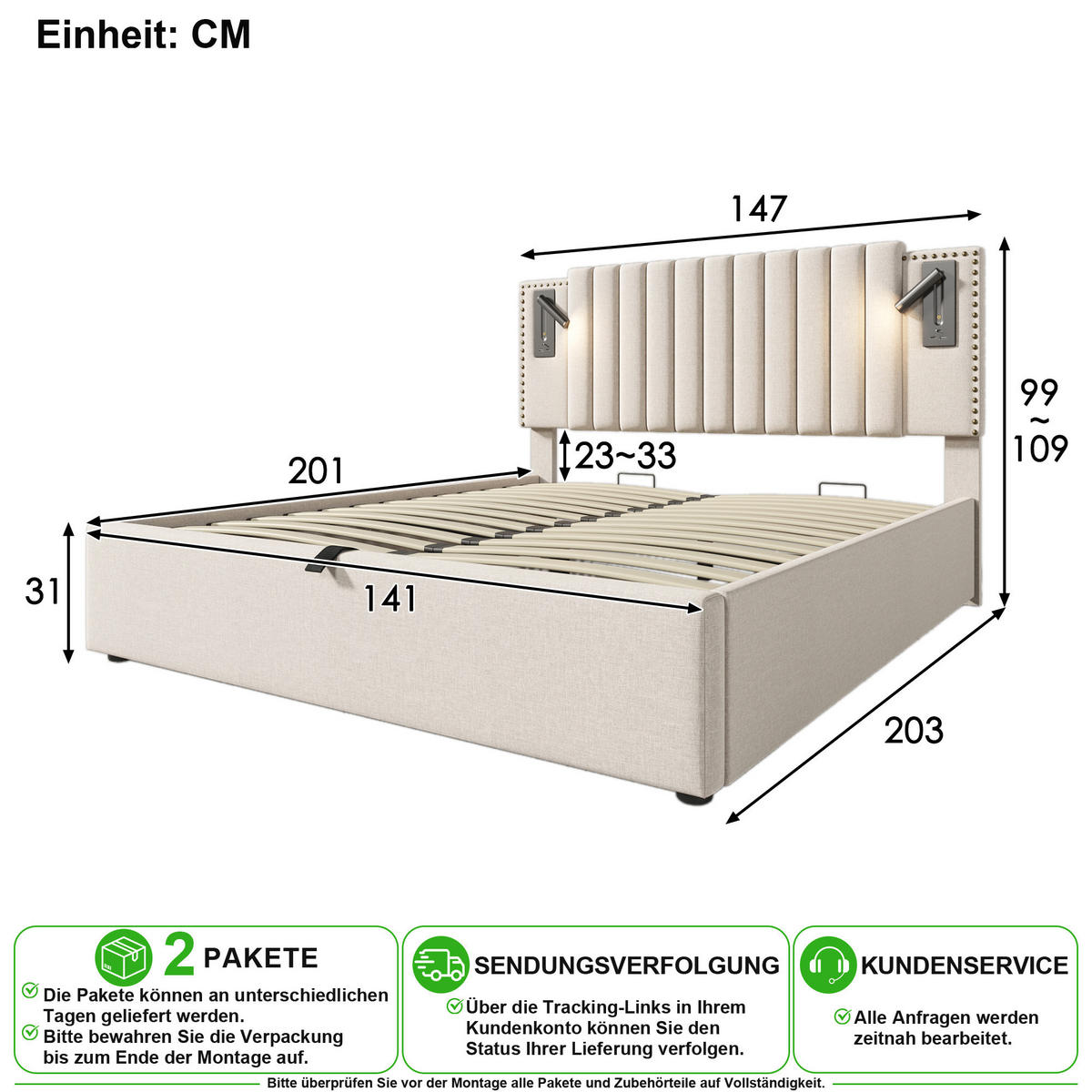 POLSTERBETT 140/200 cm in Beige mit Bettkasten, Leselicht und USB/Type-C Stoff - Beige, Holzwerkstoff/Textil (140/200cm) - CHICFURN