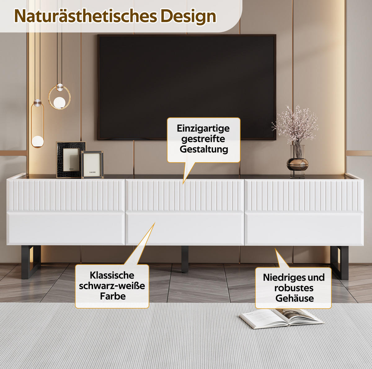 TV-LOWBOARD aus MDF und Spanplatte 170x35x47 cm Schwarz/Weiß mit 3 Schubladen und Hochglanzoberfläche - Schwarz, Holzwerkstoff (170/47/35cm) - Modfu