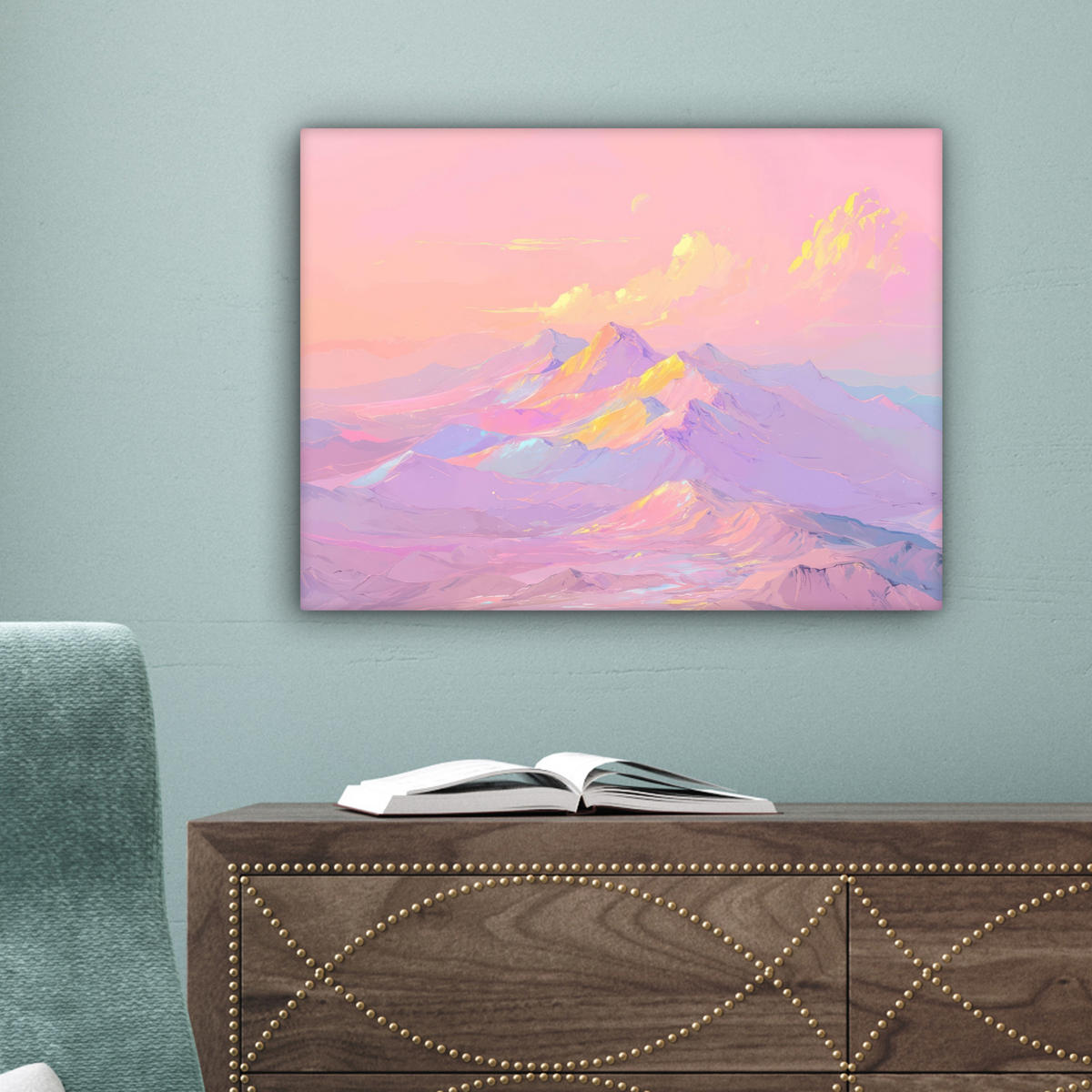 LEINWANDBILD Berggipfel - Wolken - Verträumt Wandbild 40x30 cm - Hellrosa, Textil (40/30cm) - MuchoWow