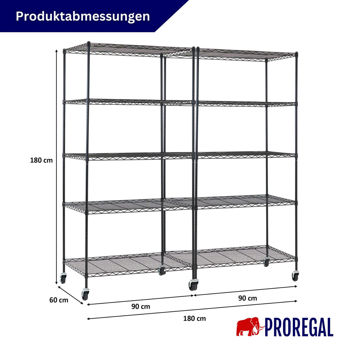 GITTERREGAL 2er - Set HADES mit Rollen & 5 Gitterböden Metall 180x90x60cm Schwarz - Schwarz, Metall (90/180/60cm) - PROREGAL
