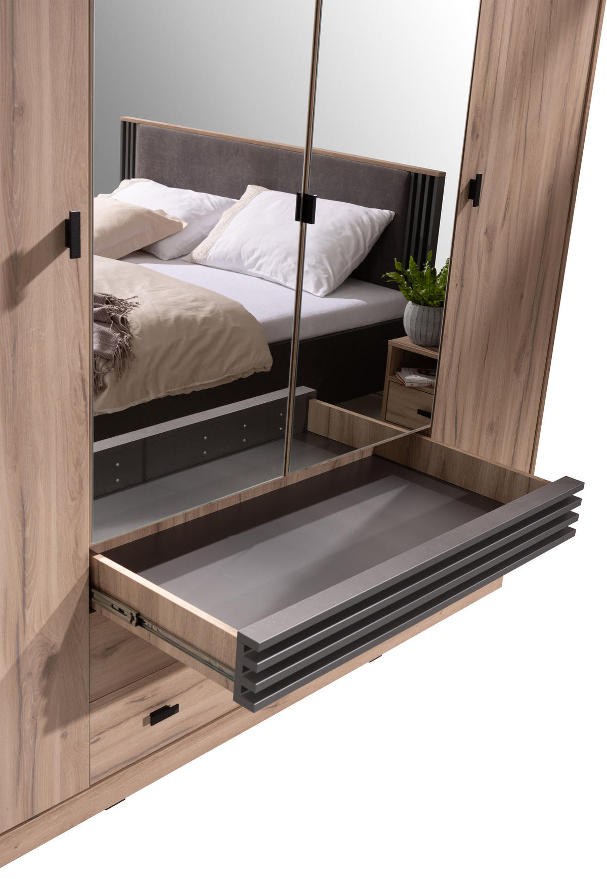 DREHTÜRENSCHRANK PUNTO 200/210/56cm 4-türig mit Spiegel Eichefarben - Eichefarben/Anthrazit, Holzwerkstoff (200/210/56cm) - MASSENO