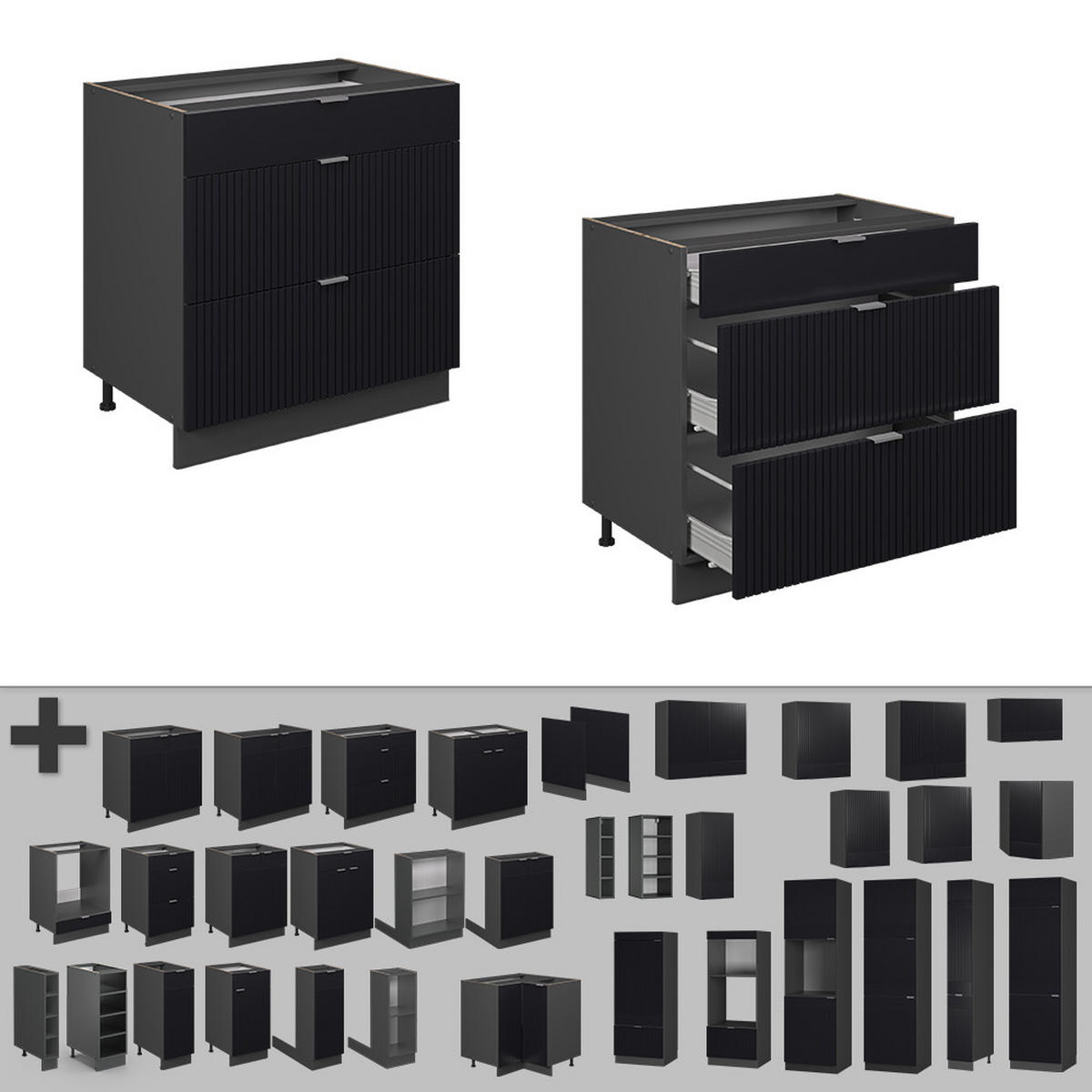 KÜCHENUNTERSCHRANK Fame-Line, Schwarz gestreift, 80 cm mit 3 Schubladen, AP Eiche - Anthrazit/Schwarz, Holzwerkstoff (80/82/60cm) - Vicco