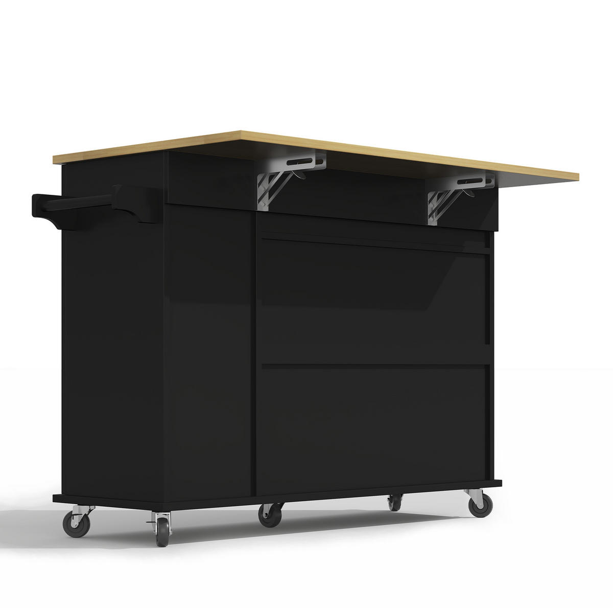 KUCHYŇSKÝ ostrůvek 120/40(65)/90 cm černá/přírodní z MDF se sklápěcí deskou a kolečky - černá, kompozitní dřevo (120/90/65cm) - OKWISH