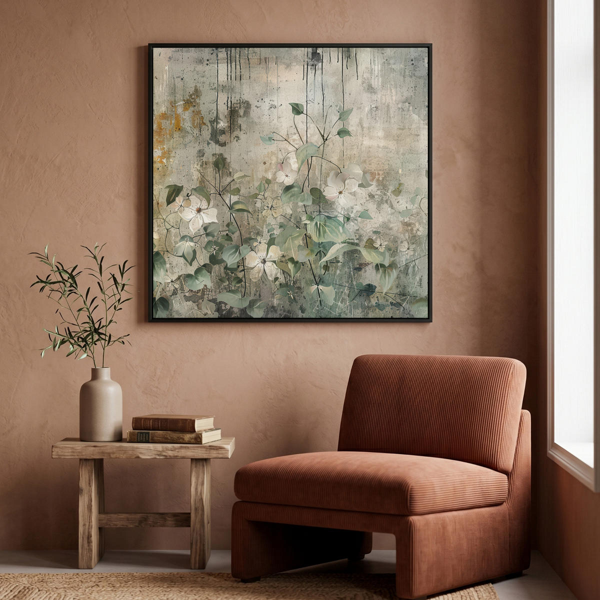 LEINWAND Bilder mit Rahmen - Blumen - Blätter - Abstrakt - Modern - 90x90 - Grau, Textil (90/90cm) - MuchoWow