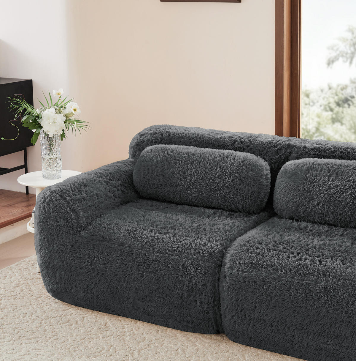 SOFA modular 4-Sitzer L-Form Plüsch Grau - Grau, Kunststoff (179/378cm) - Meubliv
