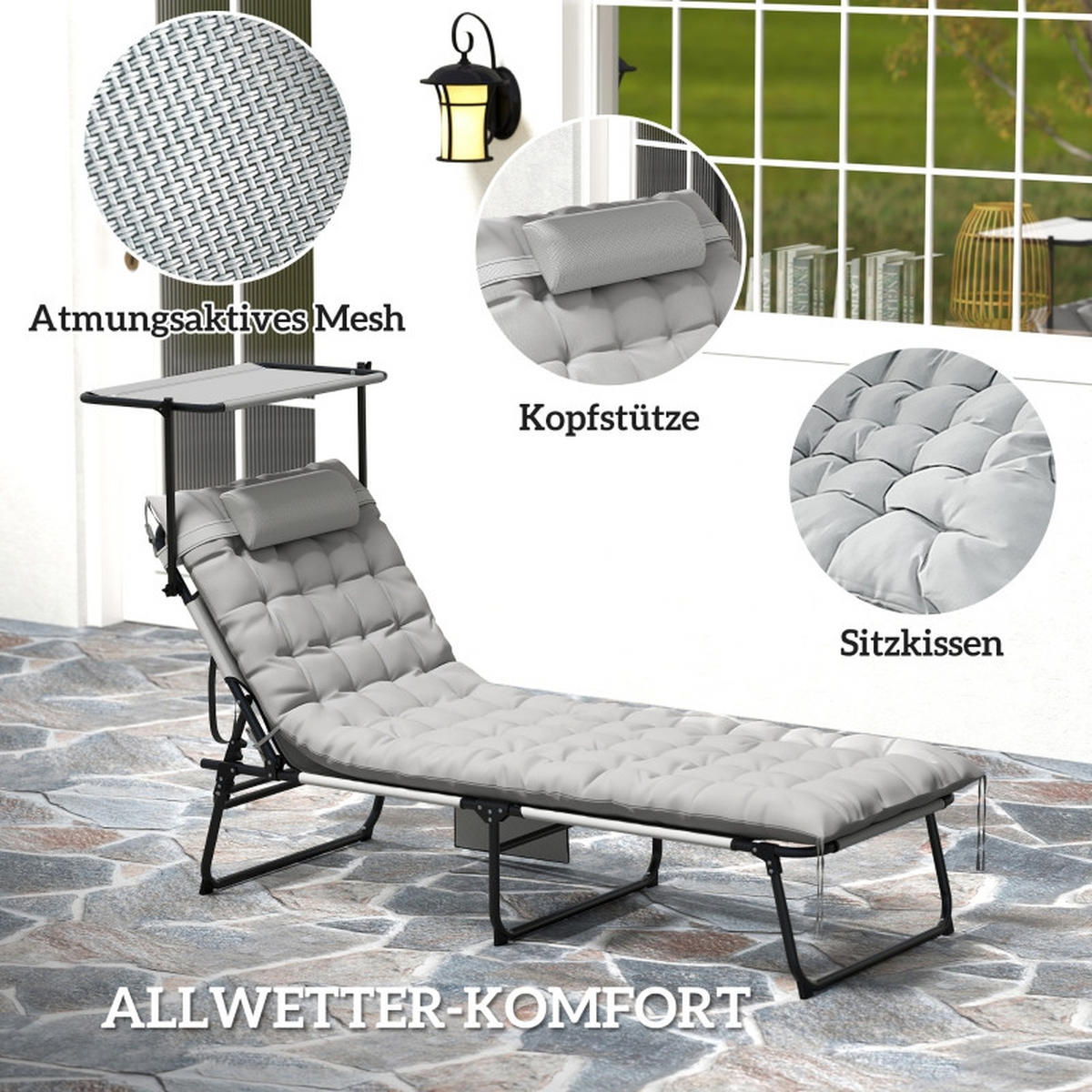 SONNENLIEGE Klappbar mit Dach Hellgrau - Grau, Metall (58/30/189cm) - ComfortXL