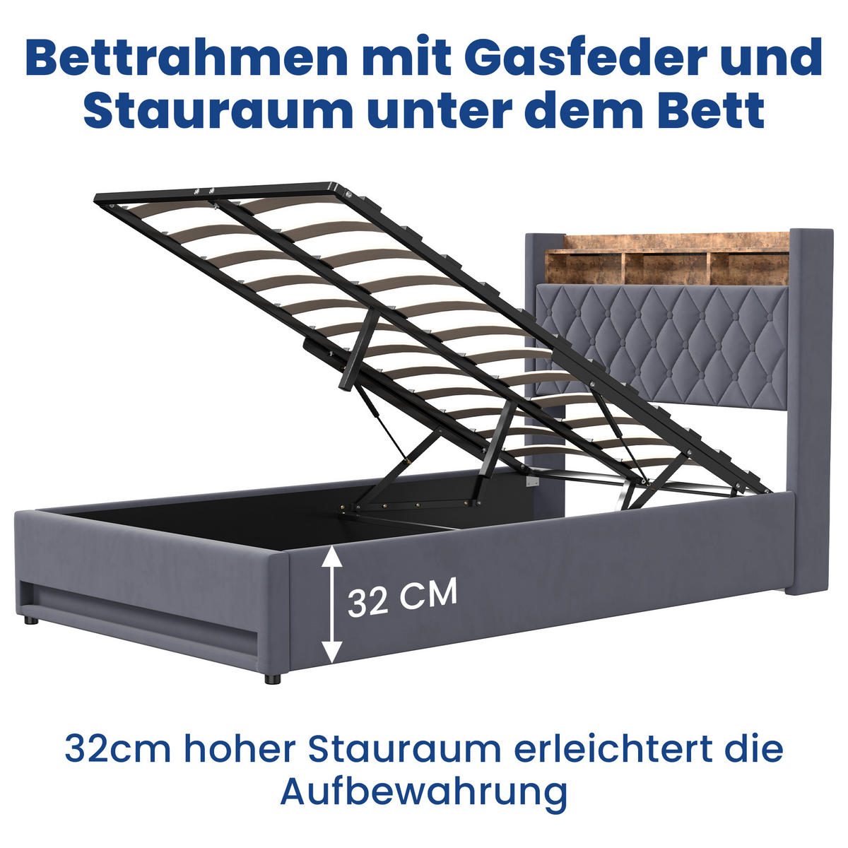 POLSTERBETT 140/190 cm in Grau, Samt, mit Bettkasten, USB, LED, ohne Matratze - Grau, Holzwerkstoff/Textil (140/190cm) - WISHDOR