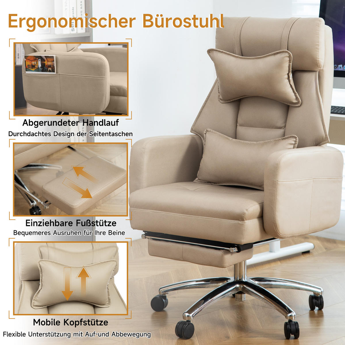 GAMINGSTUHL 155° Liegefunktion, drehbar & höhenverstellbar, Beige Stoffbezug, ausklappbare Fußstütze, 64/76/108 cm,Beige - Beige, Textil (64/108/76cm) - Redom