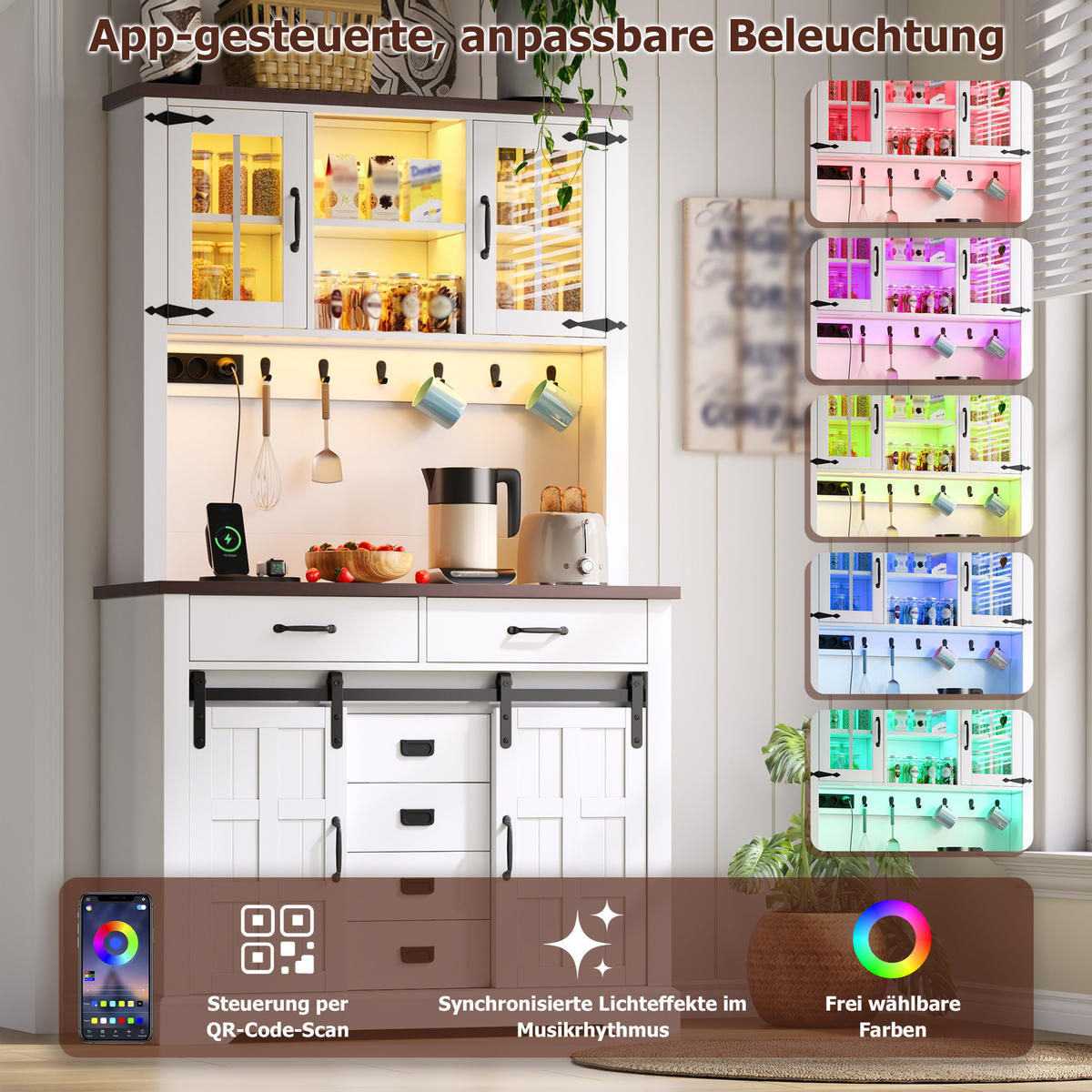 HIGHBOARD in Weiß Mehrzweckschrank mit verstellbare Einlegeböden, Steckdose und LED, B 108/T 40/H 180cm - Weiß, Holzwerkstoff (108/180/40cm) - STILVORA