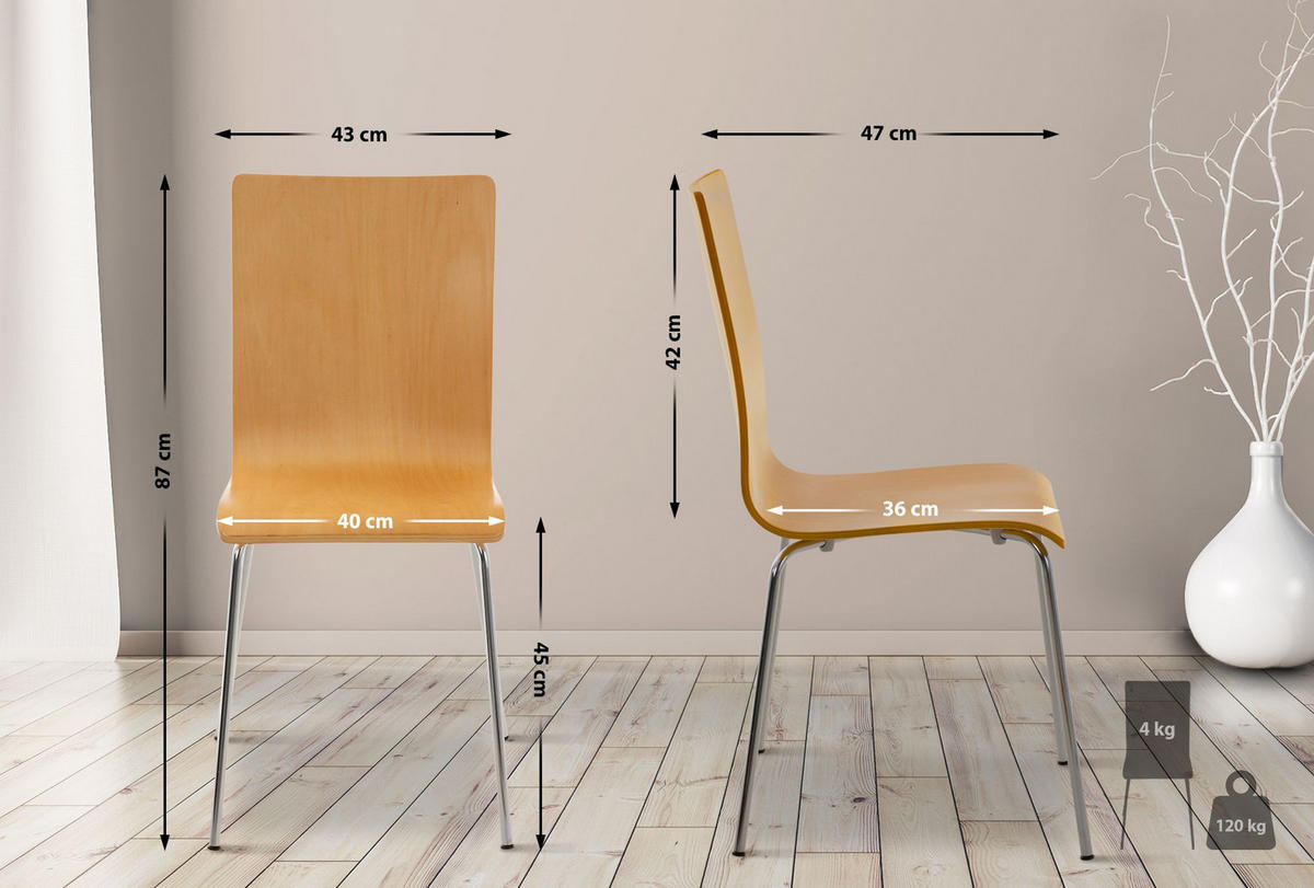 BESUCHERSTUHL Holz natura - Chromfarben/Eukalyptusholzfarben, Holz/Metall (43/87/47cm) - CLP
